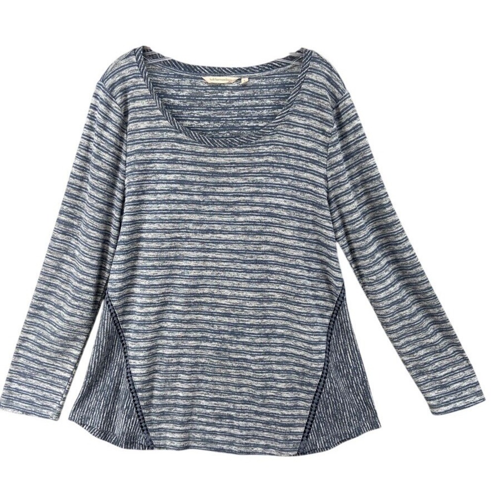 Soft Surroundings Shirt L Striped Long Sleeve Tunic Top Blue White Lace Details